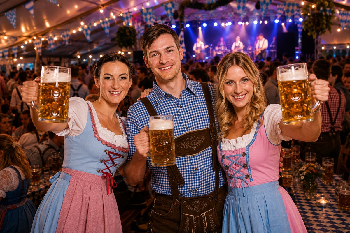 Tre Oktoberfestgäster i dirndl och lederhosen med ölsejdlar